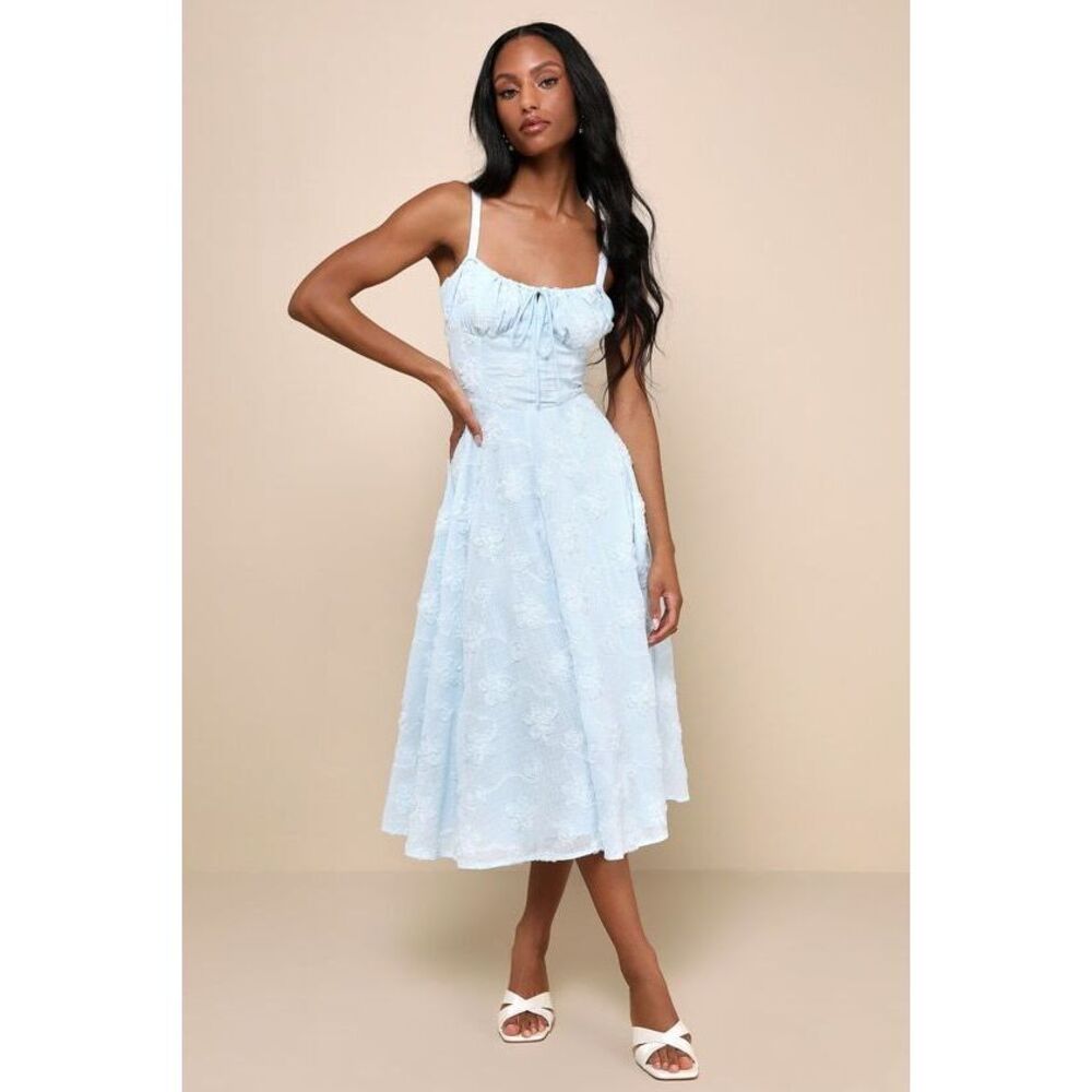 Lulus Darling Confidence Light Blue Rosette Bustier Lace-up Midi Dress XXL